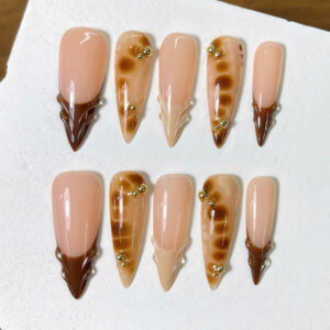 3D Brown Marble Press On Nails – Handmade Caramel Tortie Nail Art with Gold Beads and Glossy Nude Finish, Elegant Autumn Set