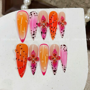 3D Water Droplet Press on Nails with Orange Pink Gradient and Spotted Abstract Design on white background