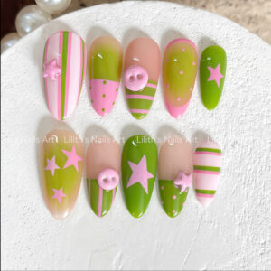 Full set of Y2K pink and green press on nails featuring cute 3D button accents, stars, and retro stripe patterns