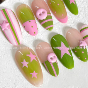 Cute Y2K Pink and Green Press On Nails | Retro 3D Button and Star Fake Nails