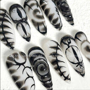 Edgy Gothic Black Smoke Press On Nails | Retro 3D Demon Eyes and Spike Fake Nails