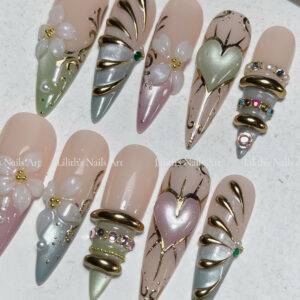 Elegant Y2K Stiletto Press On Nails | Metallic 3D Gel Flowers and Gold Chrome Heart Fake Nails