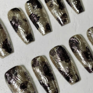 Luxury Gold Black Metallic Press On Nails | Abstract Textured Chrome Coffin Fake Nails