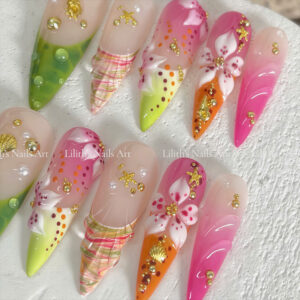 Tropical Hibiscus Stiletto Press On Nails | 3D Ocean Sea Shell Luxury Fake Nails